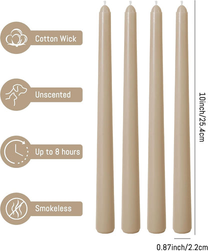 Viyffo Taper Candles, 10 Inch, 4 Pack, Olive Glow – Unscented, Dripless & Smokeless Design, Up to 8 Hour Burn – Long Tall Taper Candlesticks for Wedding, Dinner & Home Decor