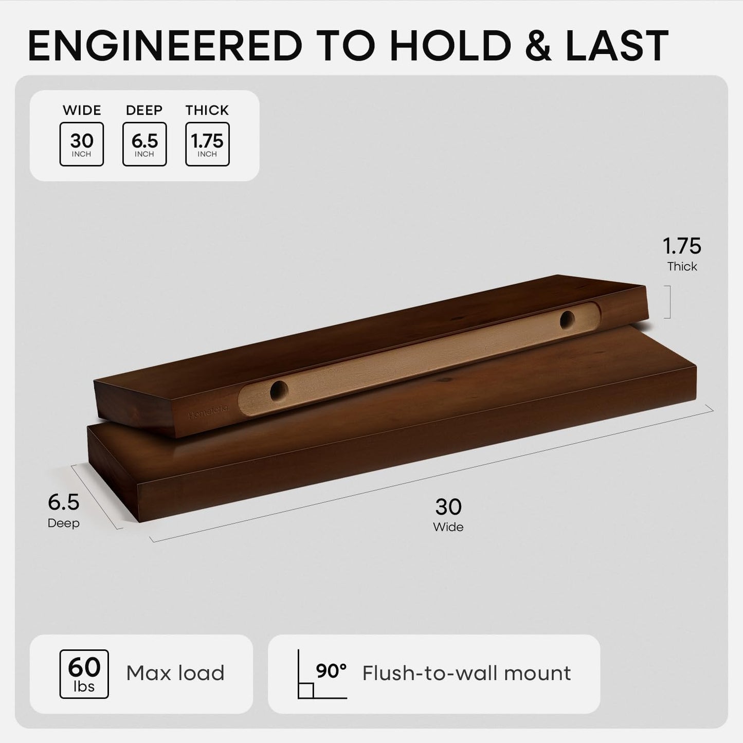 Homeforia 24 inch Natural Floating Shelf, High End Solid Real Wood 24inch Small Floating Shelves for Wall Mounted, Natural Wooden Floating Shelves, Heavy Duty Bracket, 24 X 6.5 X 1.75 in, Set of 2