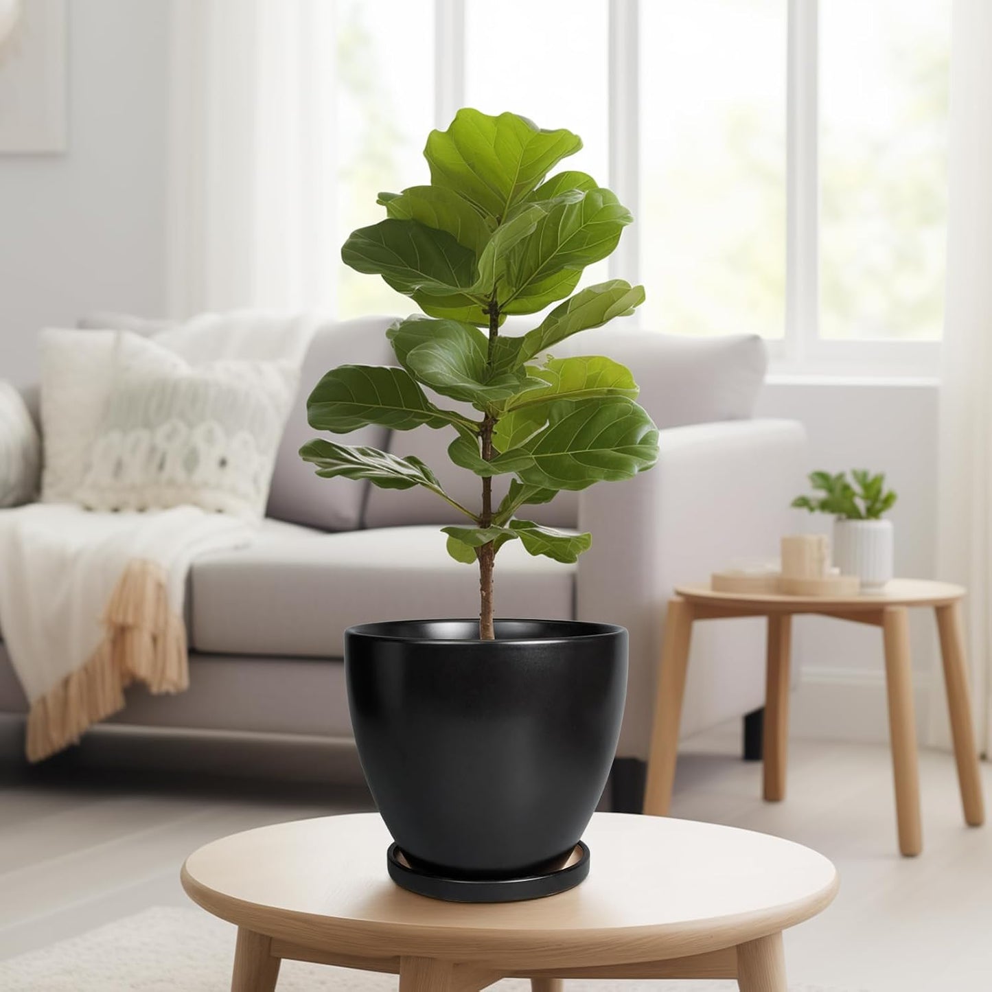 10 Inch Ceramic Planter Pot Round Plant Pot for Indoor Plants Outdoor Large Flower Pot with Drainage Hole and Saucer Blue