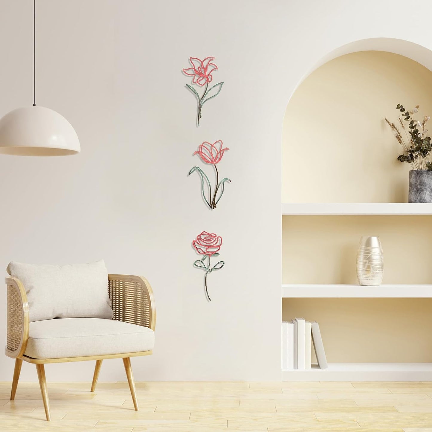 Oubasa Metal Flowers Wall Art Set of 3, Farmhouse Floral Home Decoration, Modern Line Art Flower Wall Decor for Living Room Bedroom Bathroom, Minimalist Botanical Wall Sculpture – Lily, Tulip, Rose
