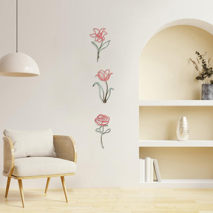 Oubasa Metal Flowers Wall Art Set of 3, Farmhouse Floral Home Decoration, Modern Line Art Flower Wall Decor for Living Room Bedroom Bathroom, Minimalist Botanical Wall Sculpture – Lily, Tulip, Rose
