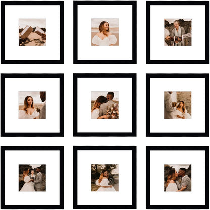 12x12 Picture Frame Set of 9, Display Pictures 8x8 with Mat or 12x12 without Mat, Multi Collage Gallery Square Photo Frames for Wall or Tabletop, Black