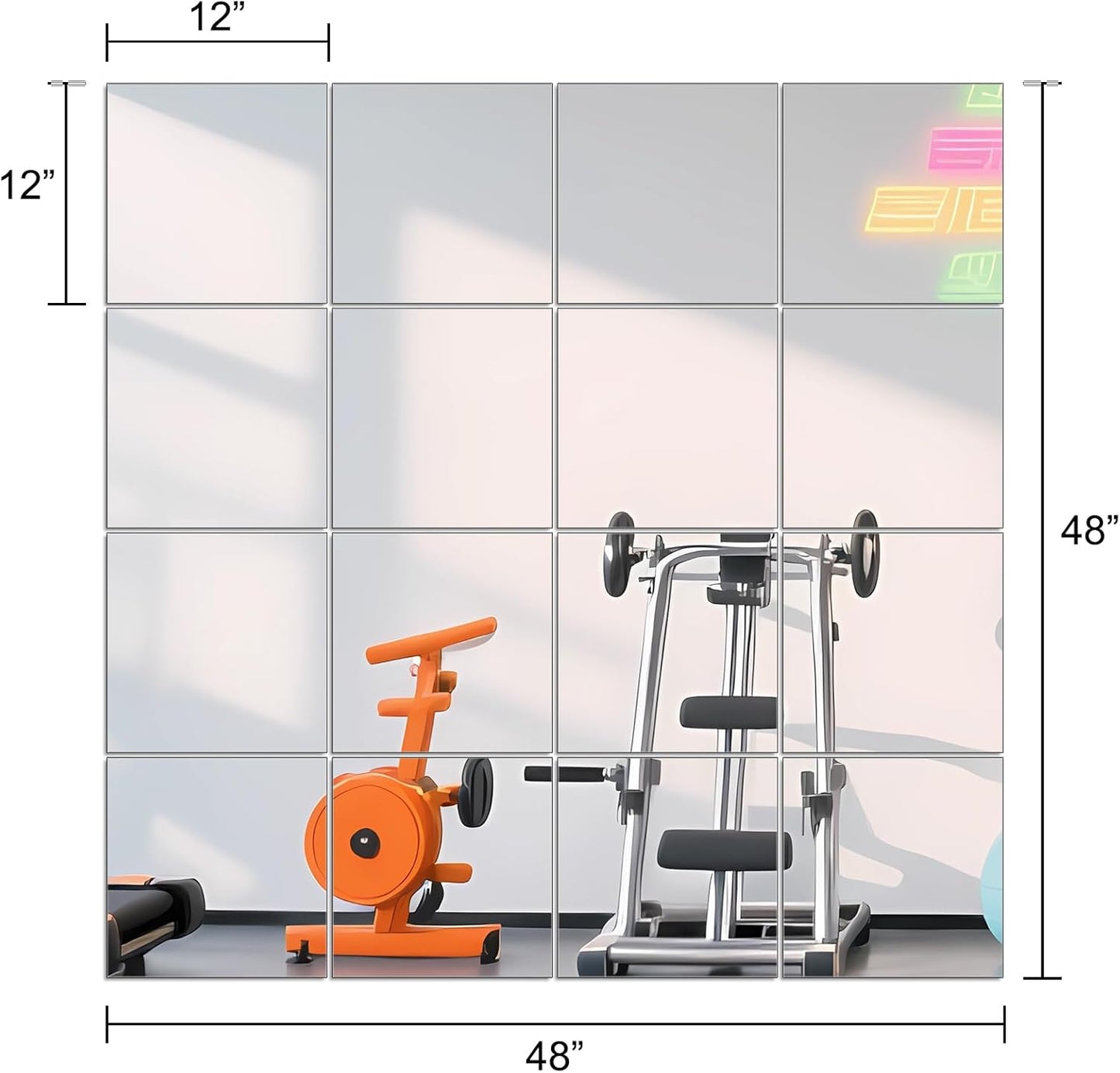 Ruomeng Home Gym Mirrors 12 Inch x 12Pcs Wall Mounted Mirror Glass Frameless Full Length Mirror Tiles for Home Gym, Bedroom, Door & Bathroom