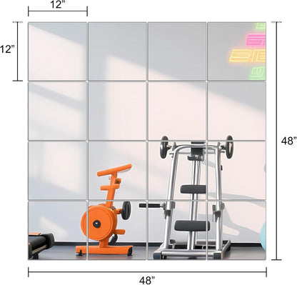 Ruomeng Home Gym Mirrors 12 Inch x 12Pcs Wall Mounted Mirror Glass Frameless Full Length Mirror Tiles for Home Gym, Bedroom, Door & Bathroom