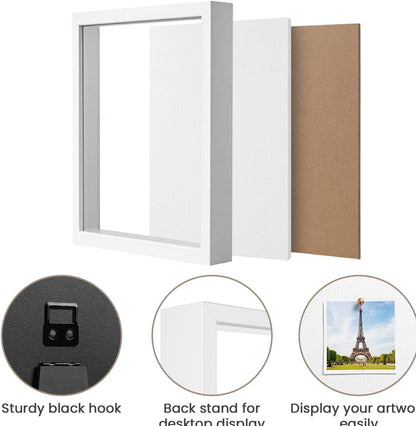 8x8 Shadow Box Frame | Soft Linen Back & Push Pins Included, Polystyrene Glass Memory Display Case for Flowers, Tickets & Cherished 3D Items, White