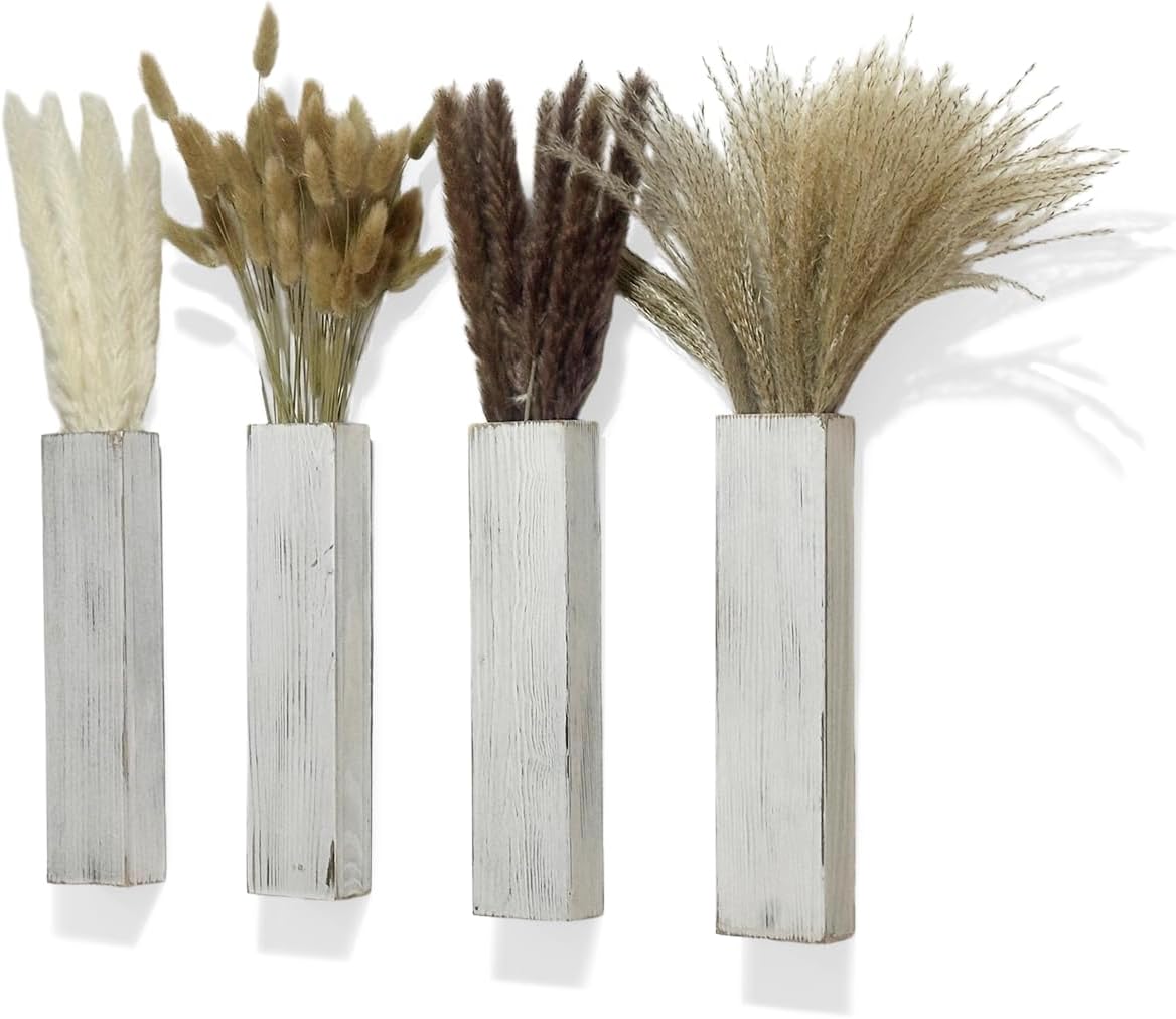 Wooden Wall Planter Set of 4 - Modern Home Decor for Living Room, Bedroom, Bathroom - Walnut Finish Planter for Dried Flowers, Faux Greenery, Indoor Plants
