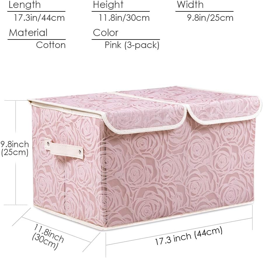 PRANDOM Larger Collapsible Storage Bin with Lid [1-Pack] Fabric Decorative Storage Box Cube Organizer Container Baskes with Handles Divider for Bedroom Closet Living Room Pink 17.7x11.8x11.8 Inch