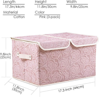 PRANDOM Larger Collapsible Storage Bin with Lid [1-Pack] Fabric Decorative Storage Box Cube Organizer Container Baskes with Handles Divider for Bedroom Closet Living Room Pink 17.7x11.8x11.8 Inch