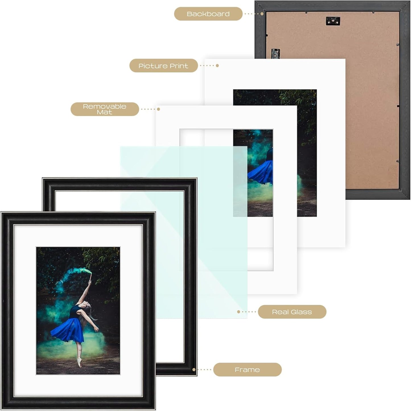 Golden State Art, 11x14 Photo Frame with Mat for Pictures 8x10 and Real Glass (Dark Gold Brown & Bronze Pewter Panel with White Color Mat, 1.25 Inch Frame Border)