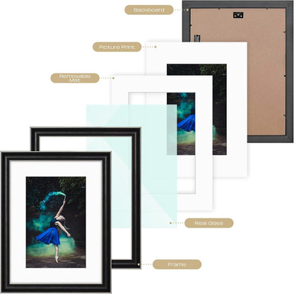 Golden State Art, 11x14 Photo Frame with Mat for Pictures 8x10 and Real Glass (Dark Gold Brown & Bronze Pewter Panel with White Color Mat, 1.25 Inch Frame Border)