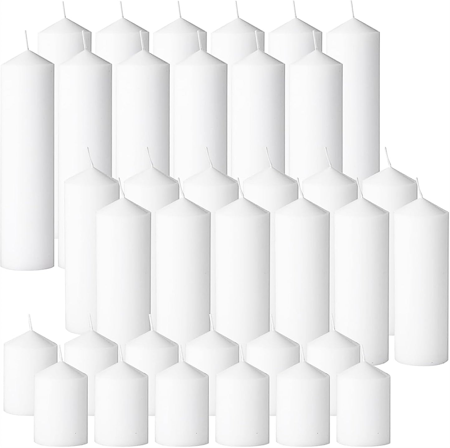 18 Pcs White Pillar Candles Bulk Set，Hurricane Candles，3 Different Lengths 2 x 3/4/6 Inch (6 Each)，Dripless Unscented Smokeless，Gives You a Better Atmosphere When Organizing an Event Party.