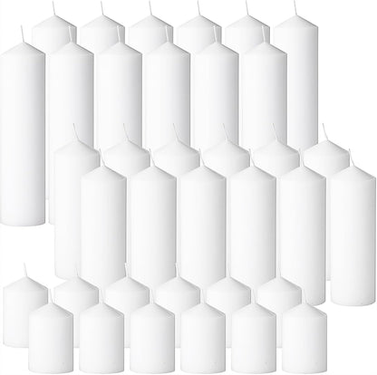 18 Pcs White Pillar Candles Bulk Set，Hurricane Candles，3 Different Lengths 2 x 3/4/6 Inch (6 Each)，Dripless Unscented Smokeless，Gives You a Better Atmosphere When Organizing an Event Party.