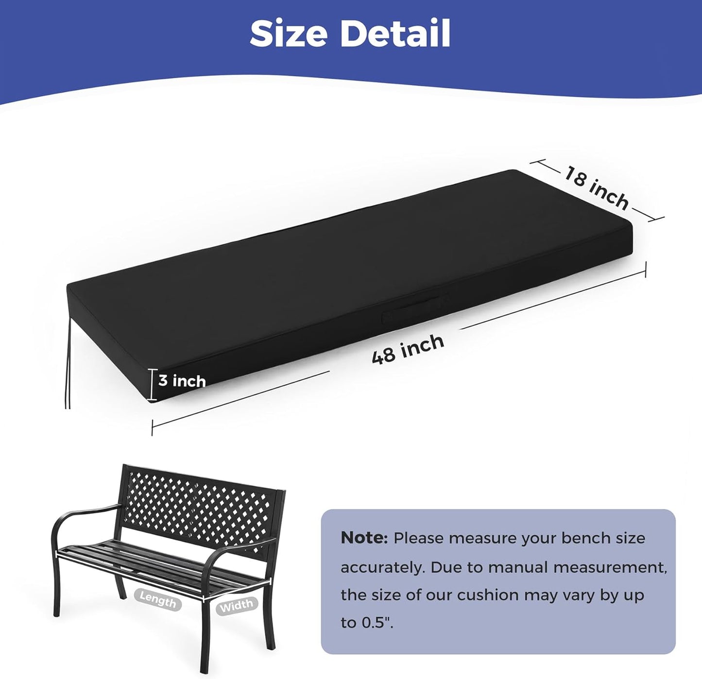 IPYNBAP Outdoor Bench Cushions for Outdoor Furniture, 48x18x3 Inch, Waterproof Bench Pillow, Fade Resistant Long Bench Seat Pads for Garden, Indoor, Porch Swing, Navy Blue