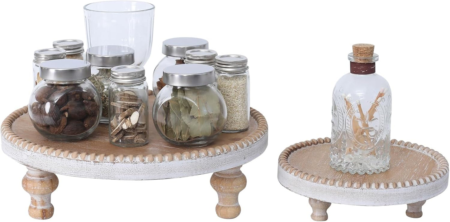 SwallowLiving Rustic Round Wood Tray Riser Farmhouse Pedestal Stand With Beaded Edge for Decor Wooden Finish Cupcake Display for Cakes and Decorative Items 11.8 inches