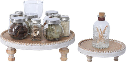 SwallowLiving Rustic Round Wood Tray Riser Farmhouse Pedestal Stand With Beaded Edge for Decor Wooden Finish Cupcake Display for Cakes and Decorative Items 11.8 inches