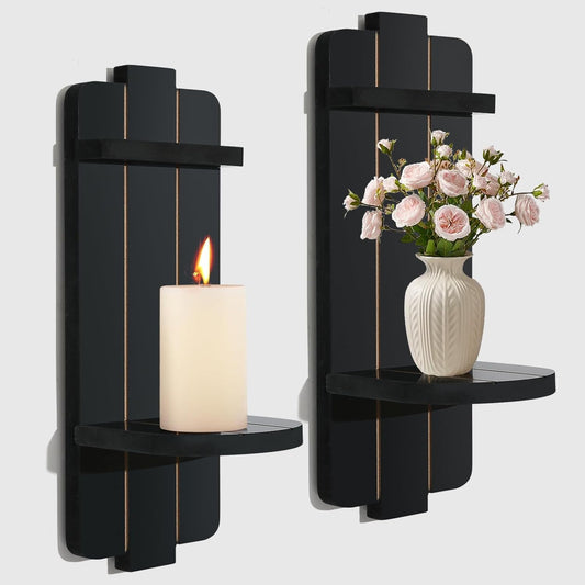Rustic Candle Holder Set of 2 – Vintage Black Wooden Wall Sconces for Fireplace, Bedroom & Living Room – Farmhouse Wall Decor with Candle Shelf for Home, Aisle, Hallway
