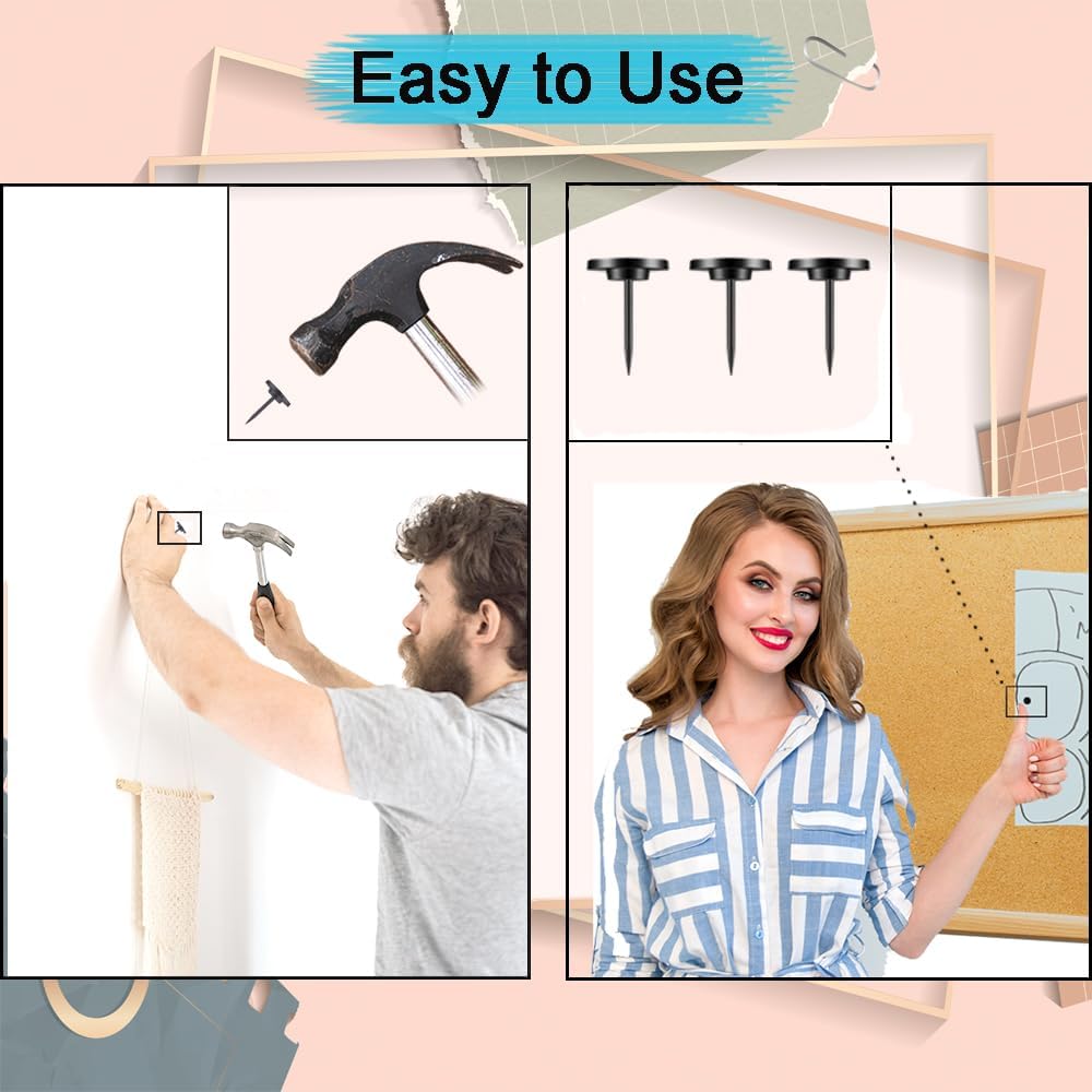 50 PCS Push Pins Picture Hangers Wall Hooks, Double Headed Thumb Tacks for Wall Hangings, Renter Friendly Decor Small Picture Frame Hangers for Drywall Cork Board Home Office Photo Decorations(Black)