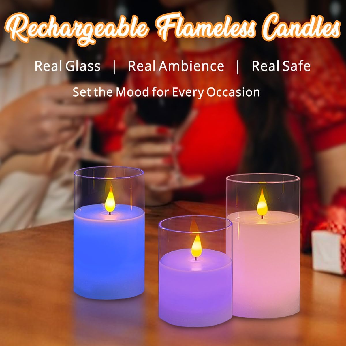 Rechargeable Flameless Glass Pillar Candles–Gifts for Women,–Set of 3, Realistic Flickering LED Light,Remote & Timer, Ideal for Living Room, Bedroom & Festival Wedding Home Party Decor