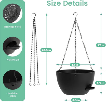 UOUZ 13 Inch 2 Pack Large Self Watering Hanging Planters for Indoor Outdoor Plants, Hanging Plant Pots with Removable 50 Oz Reservoir, Plastic Hanging Basket for Window Porch Garden Balcony, Black