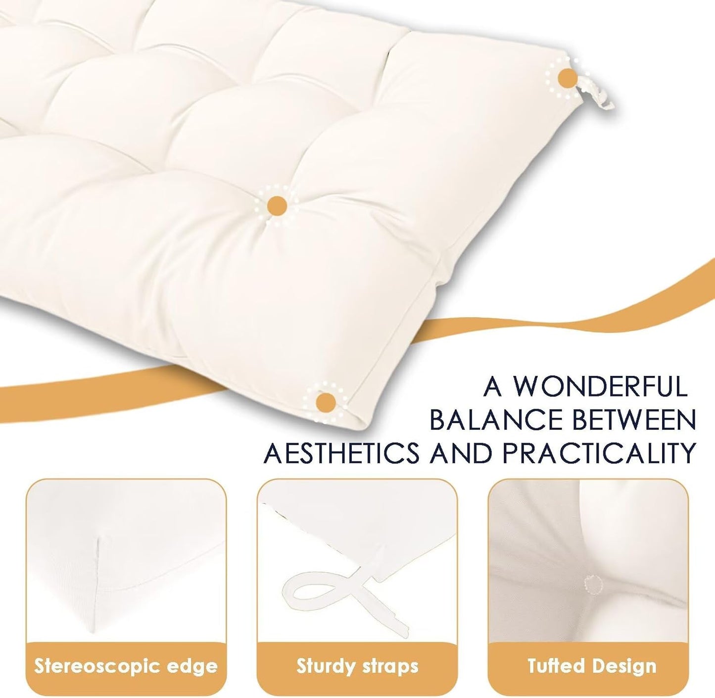 MTMR Outdoor Bench Cushion-44X19 Water-Repellent Tufted Porch Swing Cushions with High Elasticity PP Cotton and Ties Fade-Resistant Patio Outdoor Chair Cushion for Bench Furniture, Indoor Seat Cushion