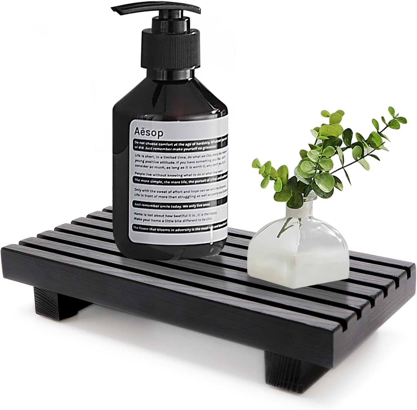 Renawe Farmhouse Bathroom Counter Tray Wood Display Pedesta Stand Kitchen Countertop Trays Decorative Wooden Riser Dish Soap Dispenser Holder for Bathroom Sink Accessories Kitchen Decor Vanity Tray