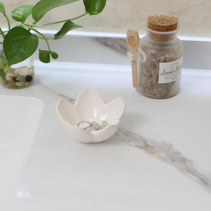 Pink Flower Ring Dish Holder,Jewelry Dish Tray,Small Trinket Tray,Jewelry Plate Bowl,Key Bowl,Decorative Plate,Mothers Day Birthday Gifts for Women Friends,Ceramic Kiln effect White