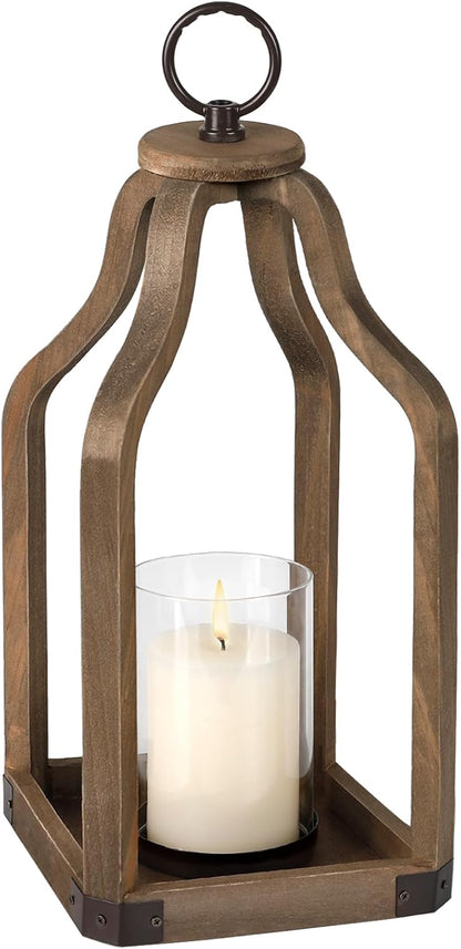 Rustic Wood Lantern Candle Holder for Farmhouse Decor - Indoor and Outdoor Table Centerpiece with Glass Hurricane, 13" High