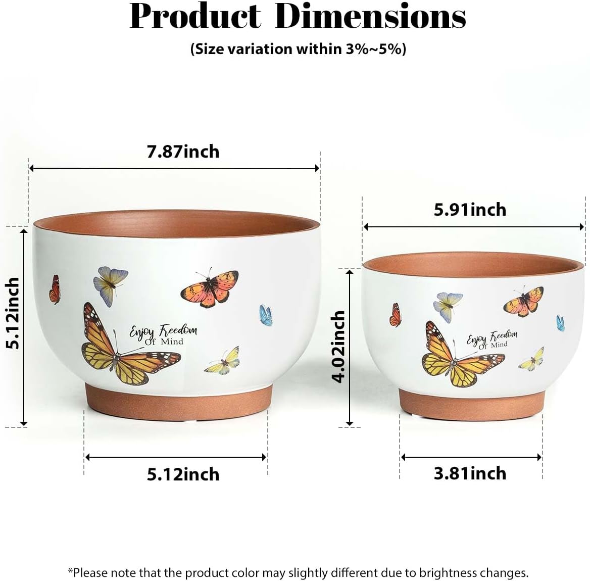 YBX 8 Inch + 6 Inch Ceramic Plant Pots, Succulent Flower Pots with Drainage Holes, Terracotta Planters for Indoor Plants, White&Terracotta (Garden)
