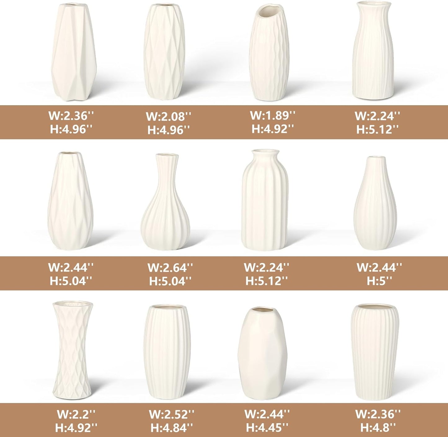 BEAHOT Ceramic Bud Vases Set of 12 - Matte Mini White Jars Bulk | Small White Ceramic Vases for Centerpieces, Wedding Floral Arrangements, DIY Crafts & Boho Table Decor (No Repeating Designs)