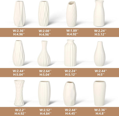 BEAHOT Ceramic Bud Vases Set of 12 - Matte Mini White Jars Bulk | Small White Ceramic Vases for Centerpieces, Wedding Floral Arrangements, DIY Crafts & Boho Table Decor (No Repeating Designs)
