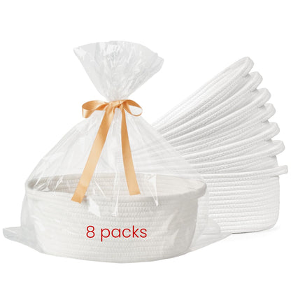 Small Woven Gift Basket Empty with Bag & Ribbon - Gifts for Mom, Baby Shower, Birthdays & Raffle - Cotton Rope Storage Basket for Dog Toys or Shelf - 12"x8"x5", White