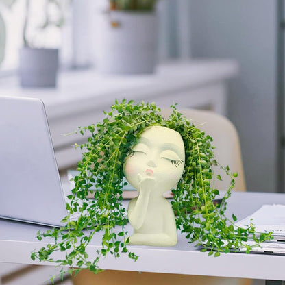 Handmade Face Flower Pots Standing Air Kiss Head Planter Pot for Trailing Plants Cute Succulent Planter Resin Planters Funny Face Planters with Anti-Friction Pads White 1Pack