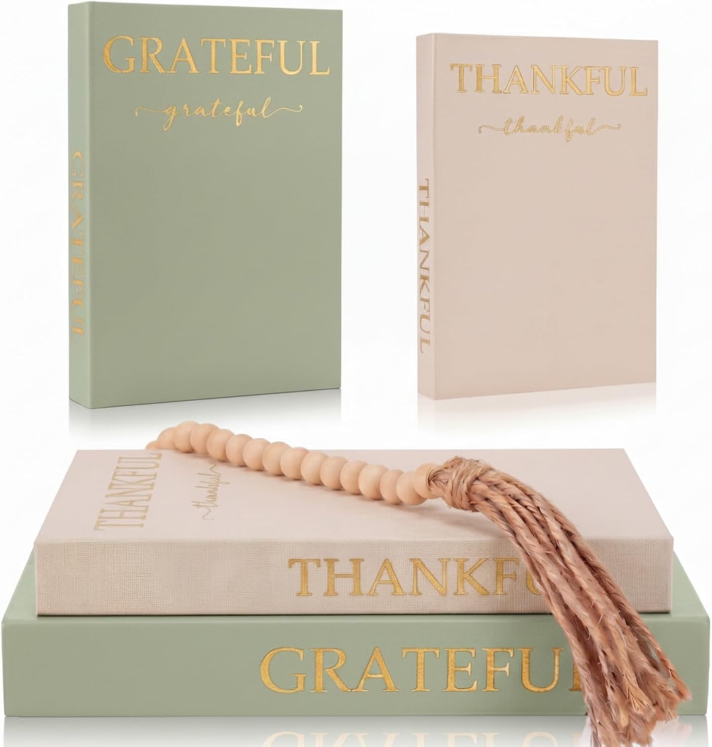 Faccito Set of 2 Linen Decorative Books with Wooden Beaded Garland Tassel Elegant Linen Books Aesthetic Gold Foil Fake Book for Coffee Table Shelf Mantel Storage Boxes(Mint Green)