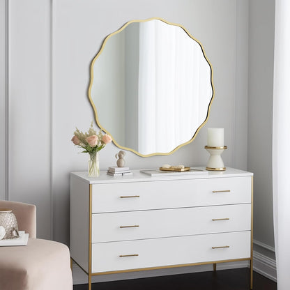 WallBeyond Round Wavy Mirror for Wall Decorative 24 inch, Modern Round Mirror Aluminum Frame for Bathroom Bedroom Living Room Home House Office Entryway, Gold