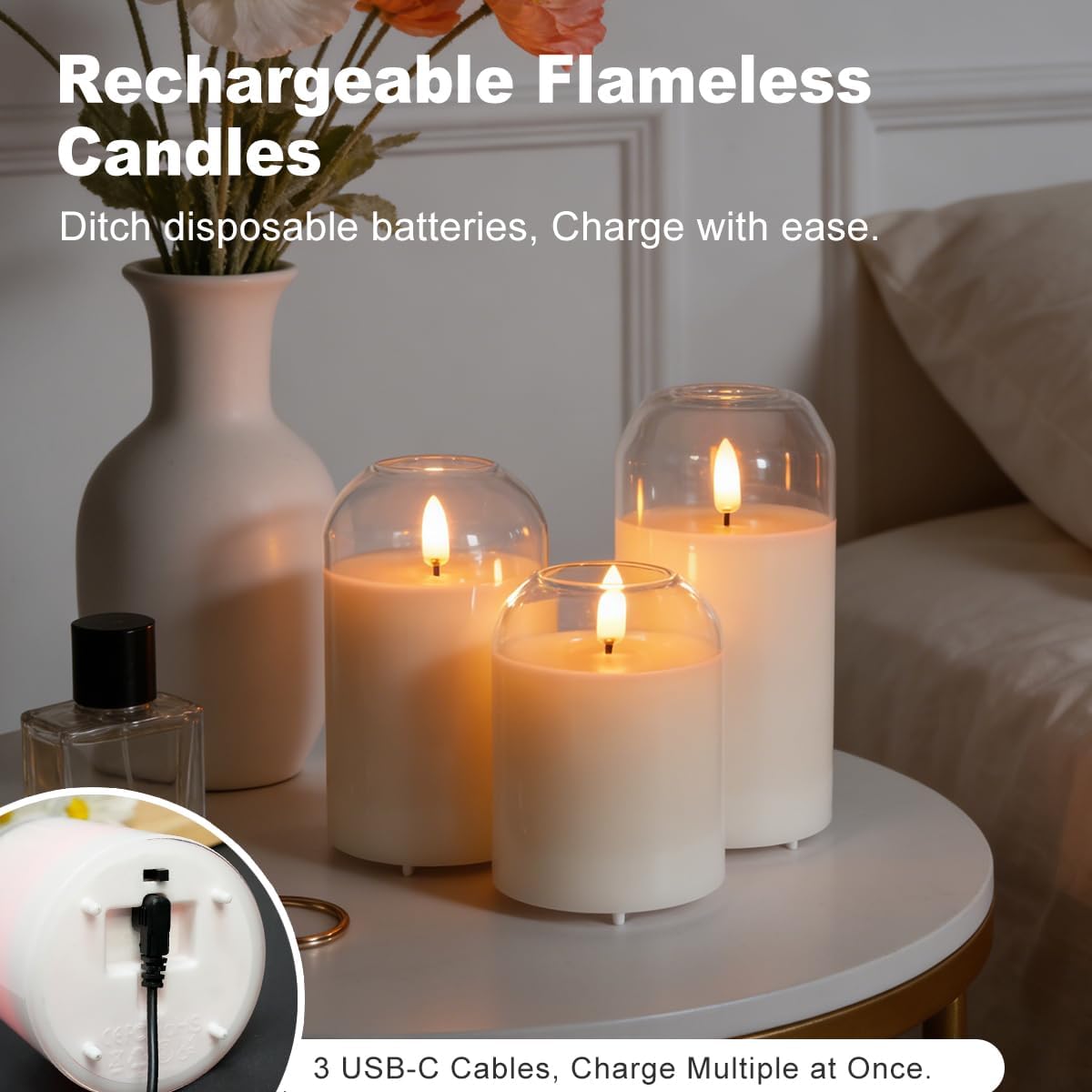 Rechargeable Flameless Glass Pillar Candles–Gifts for Women,–Set of 3, Realistic Flickering LED Light,Remote & Timer, Ideal for Living Room, Bedroom & Festival Wedding Home Party Decor