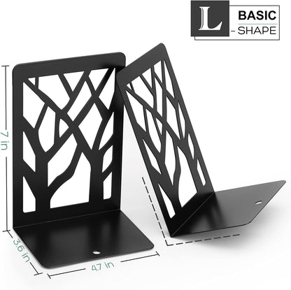 MaxGear Book Ends Tree Design Modern Bookends for Shelves, Non-Skid Bookend, Heavy Duty Metal Book Stopper for Books/DVDs, Decorative CD Holder & Video Game Organizer, 7 x 4.7 x 3.5”, Black
