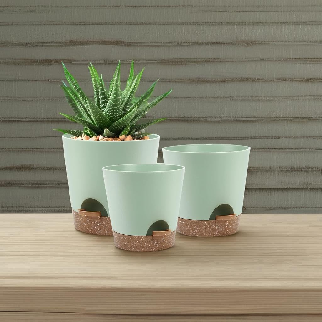 YNNICO Indoor Self Watering Planters with Drainage Holes and Saucers, 8, 7, 6.5, 6, 5.5, 5 Inches, Black, 6 Pots