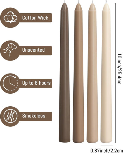 Viyffo Taper Candles, 10 Inch, 4 Pack, Olive Glow – Unscented, Dripless & Smokeless Design, Up to 8 Hour Burn – Long Tall Taper Candlesticks for Wedding, Dinner & Home Decor