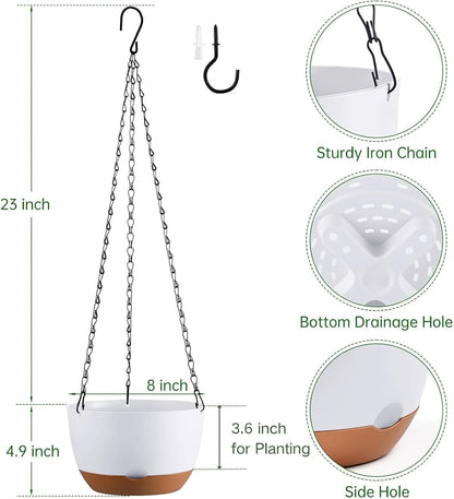 Set of 2 Hanging Planters for Indoor Outdoor Plants, 8 Inch Self-Watering Hanging Flower Pots with Drainage Hole & Removable Water-Storage Tray (Hooks)
