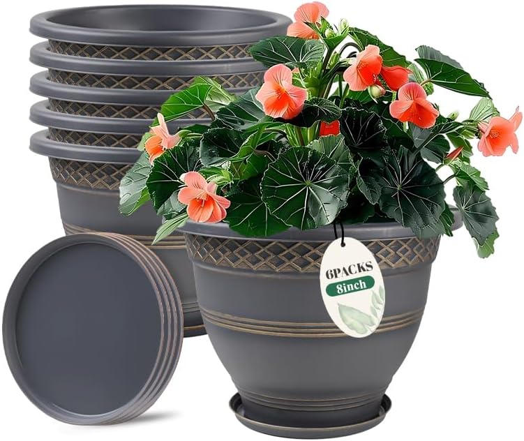 Usocik 10 Inch 4 Pack Plant Pots, Plastic Flower Pot for Indoor & Outdoor with Drainage Holes & Saucer, Plaid Pattern Planters Garden Pots for Herbs