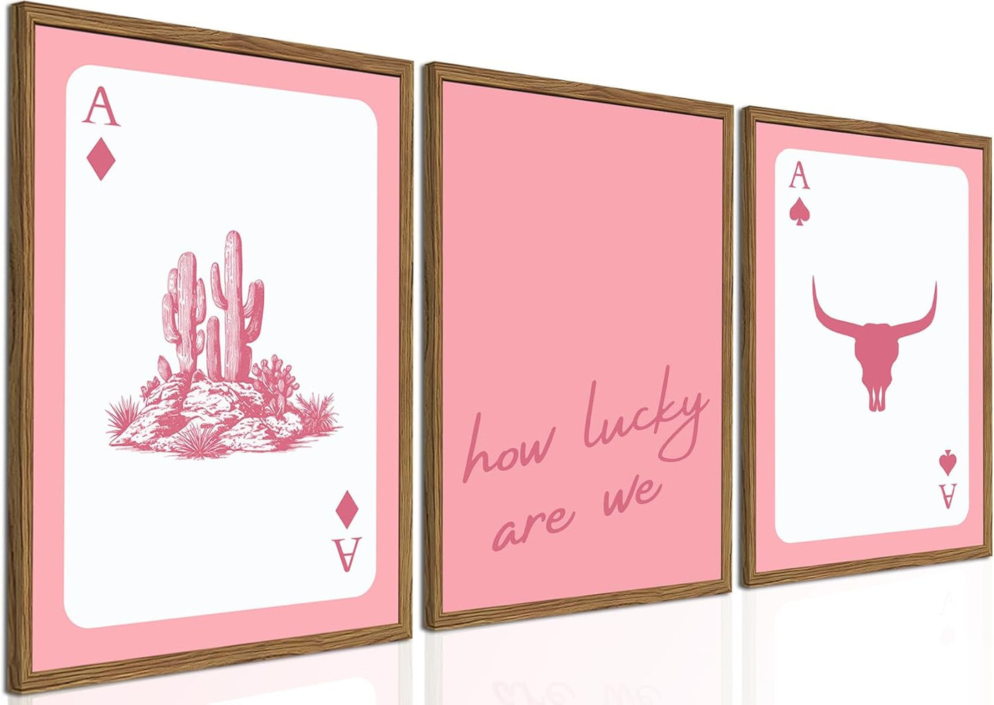 Western Wall Art Set of 3, Southwestern Cowboy Playing Card Wall Decor, Longhorn Bull Skull and How Lucky are We Poster Canvas Painting Prints for Bedroom Living Room 12x16 inch Wood Framed