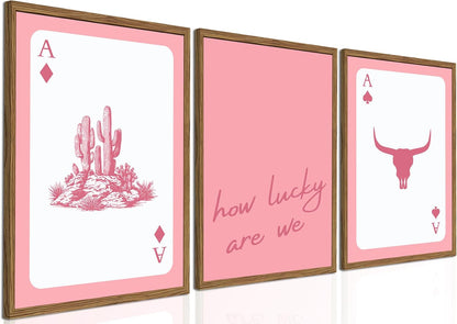Western Wall Art Set of 3, Southwestern Cowboy Playing Card Wall Decor, Longhorn Bull Skull and How Lucky are We Poster Canvas Painting Prints for Bedroom Living Room 12x16 inch Wood Framed