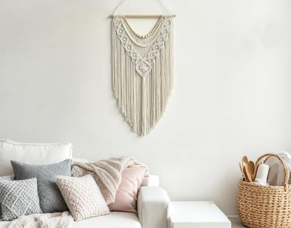 guzhiou Macrame Wall Hanging Boho Geometric Woven Tapestry Cotton Handmade Bohemian Art Decor with Wood Bead Wall Decor for Bedroom Living Room Apartment Nursery 31.5" L x 17" W (Wood bead-B)