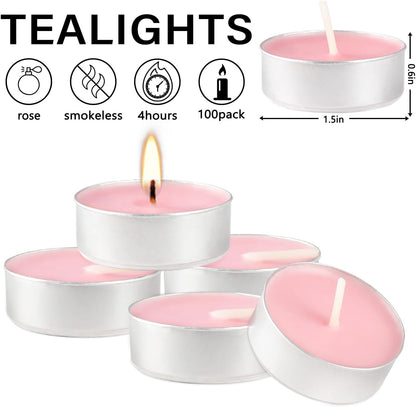 Rose Scented Candle Tealight Candles in Clear Cup, 8 Hours Consistent Smkless Clean Burning, Great for Valentine's Day Holiday, Wedding, Spa, Emergency and Home Decoration（Pink，50 Pack）