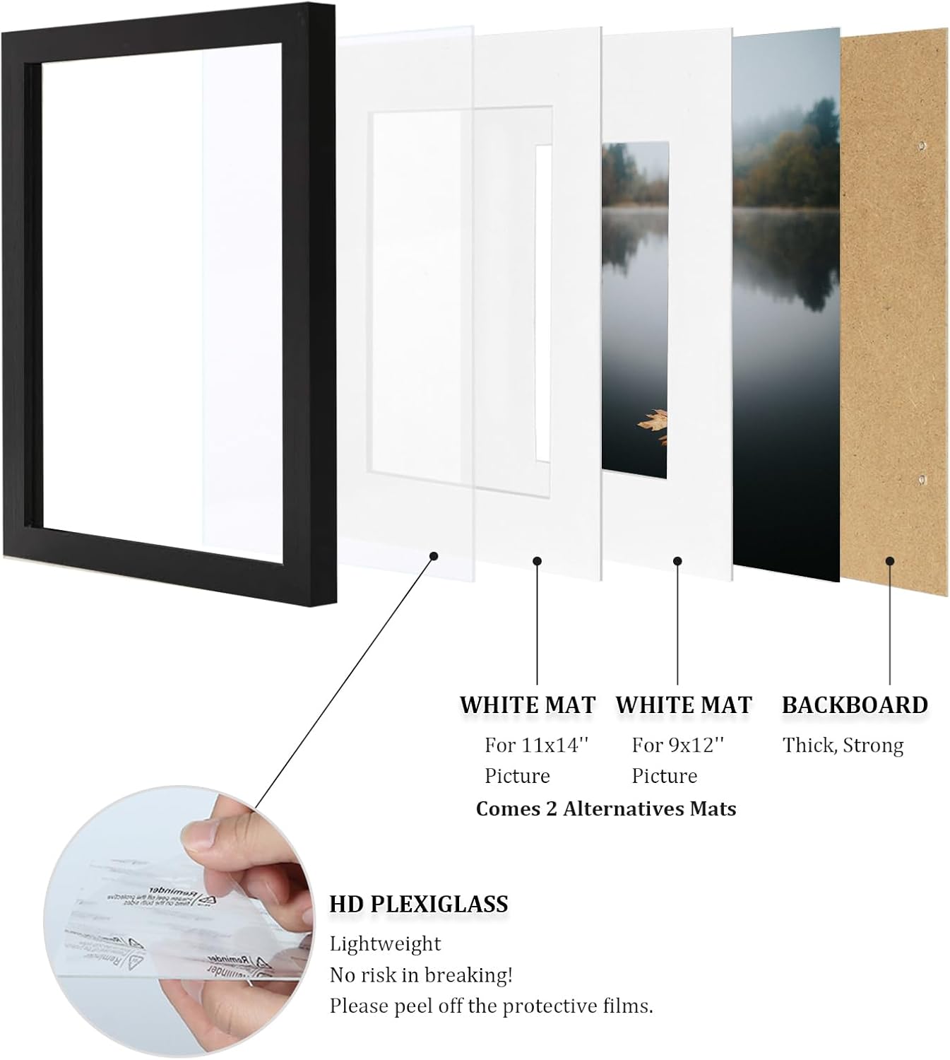 Egofine 12x16 Picture Frame Black, Covered by Plexiglass Made of Solid Wood, Display Pictures 9x12 and 11x14 with Mat or 12x16 Without Mat, for Wall Mounting Photo Frame - Colors B