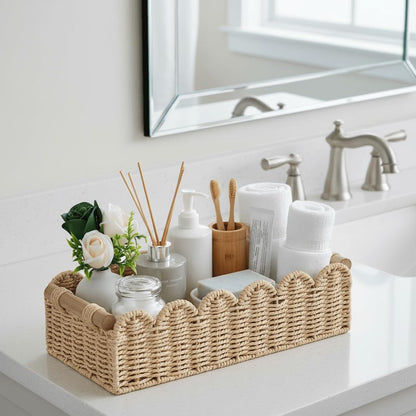 CubesLand Paper Rope Scalloped Edge Toilet Paper Storage Basket, Small Living Room, Bedroom Decor Baskets for Over Toilet Storage Shelf, End Table, Shelves and More, with 2 Wooden Handle, Neutral