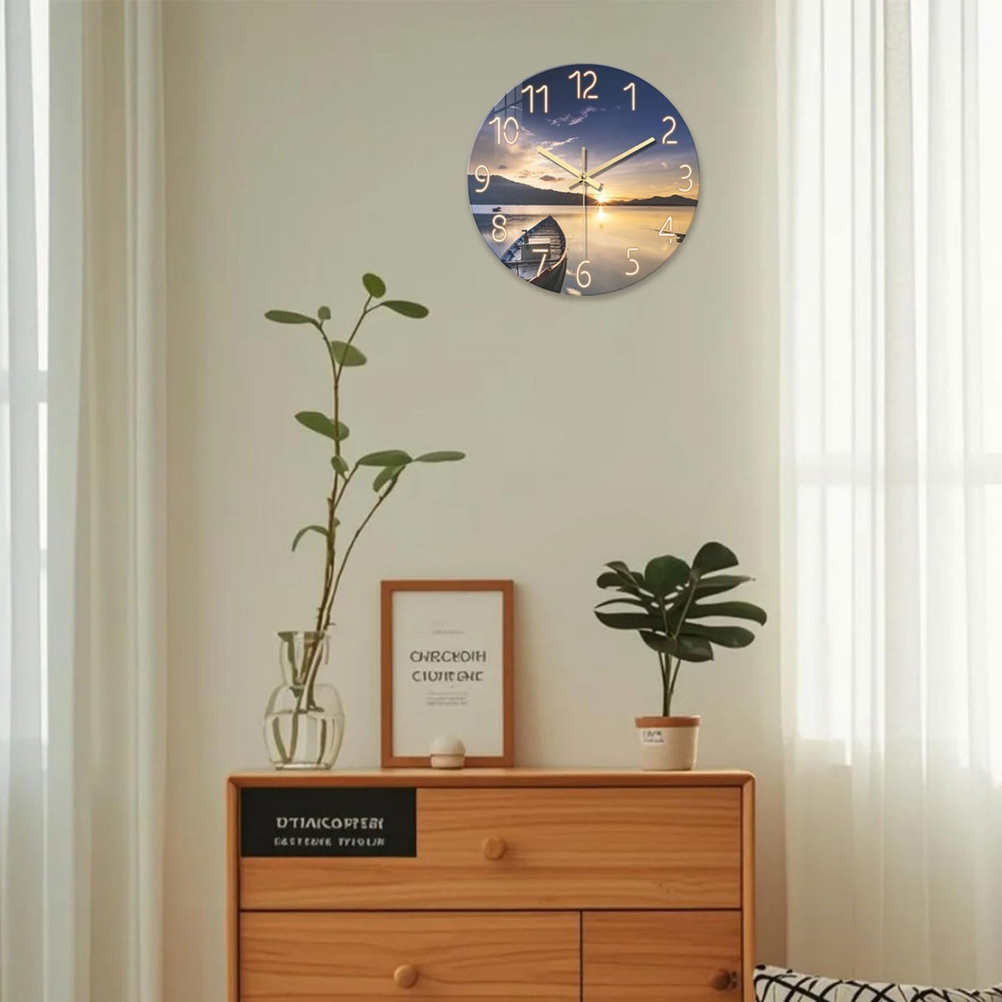 Beach Wall Clock Battery Operated 12 Inch Glass Wall Clock Non Ticking Analog Blue Wall Clocks for Bedroom Living Room Office Decor