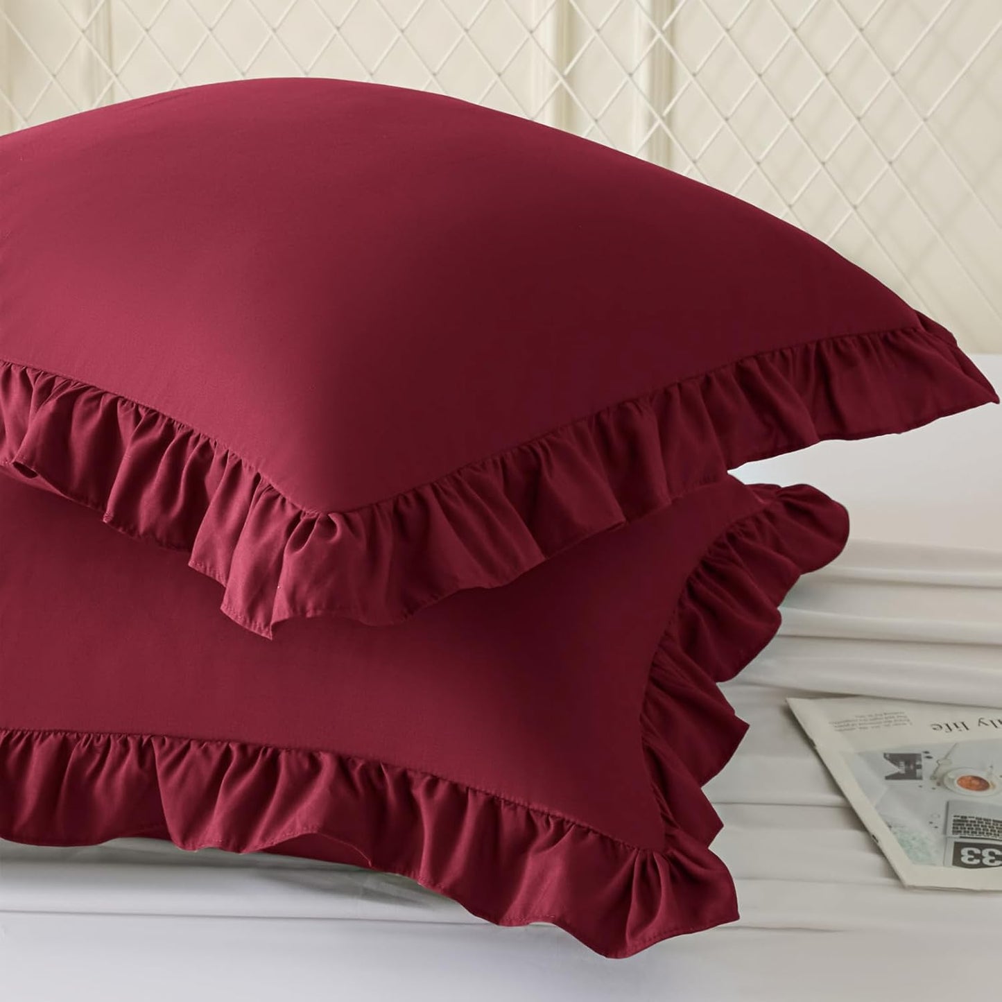 KKJIAF Ruffle Pillow Cases 26x26 Inches, White Square Ruffled Pillow Covers Set of 2, Microfiber Wrinkle Resistant Pillow Shams with Envelope Closure for Sofa Bed Living Room