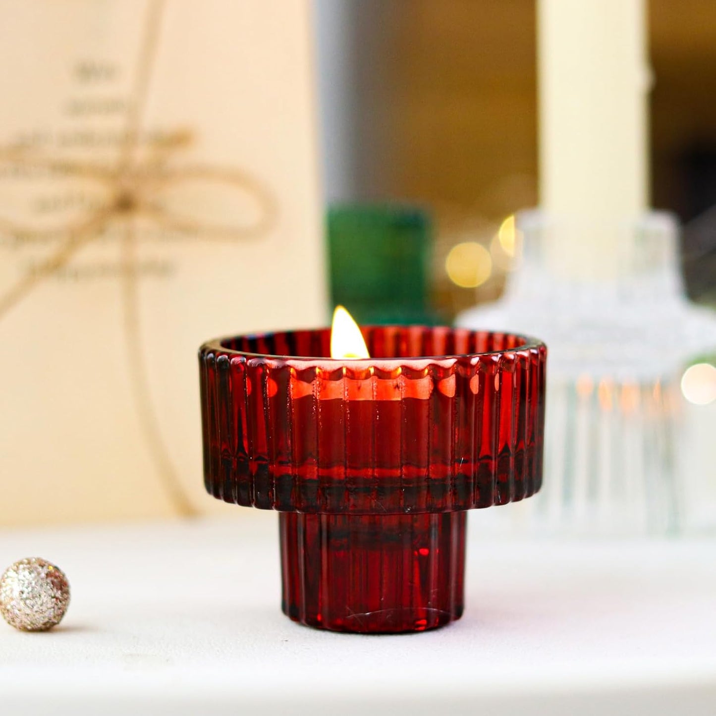Brown Candlestick Holders 12PCS Ribbed Glass Taper Candle Holders Set for Tealight Candlestick Candles, Table Centerpieces for Thanksgiving Christmas Farmhouse Decor Indoor and Outdoor