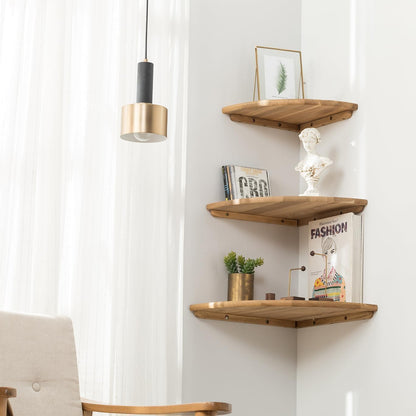 Corner Shelves, Floating Corner Shelf, Set of 2 7inch Solid Oak Wood Wall Shelves, Round End Wall Mount with Wire Hole Shelving for Small Plant for Bedroom Kitchen, Living Room